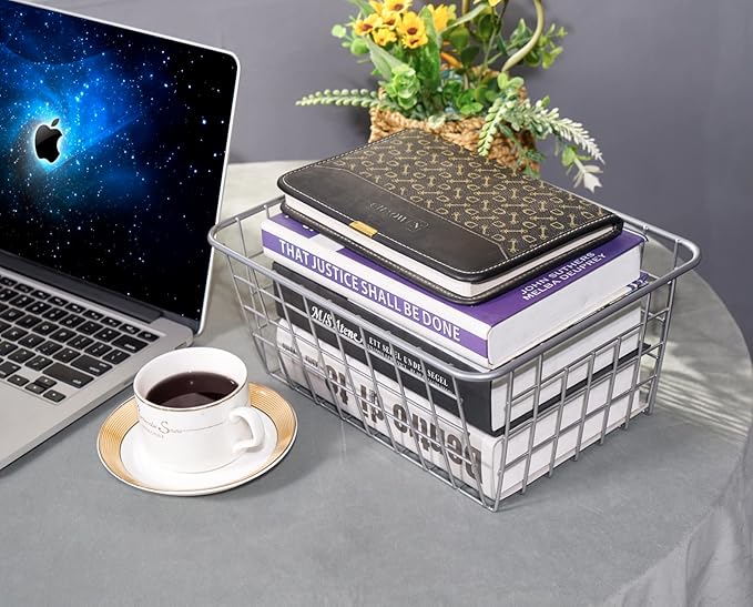 Wire Kitchen Storage Basket 4 Packs,Perfect Pantry Organization Accessories Basket,Laundry Basket,Countertop Organization,Suitable for Kitchen,Bathroom,Bedroom,Tabletop,Stackable,Brown