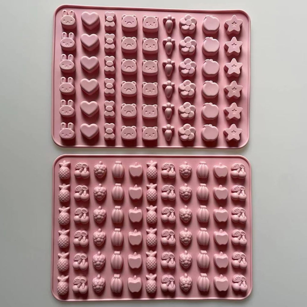 Mini Silicone Molds,120 Cups Chocolate Drops Mold,Fondant Cake Mold for Chocolate,Hard Candy,Biscuits,Cookie,Jelly,Sugarcraft,Homemade Treats and DIY Baking,2 Pack(66 Fruit & 54 Animal) Pink