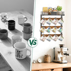 EsLuker.ly Coffee Mug Holder Wall Mounted Display Rack, Black Metal Cup Hanger Organizer with 12 Movable Plastic Hooks, Wood Rustic Shelf for Coffee Bar Home Kitchen, Thoughtful Wall Storage