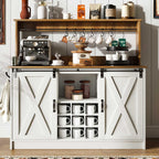 4ever2buy Farmhouse Coffee Bar Cabinet with 6 Hooks, 47'' Kitchen Coffee Bar with Hutch and 9 Wine Racks, White Sideboard Buffet with Sliding Barn Door for Dining Living Room