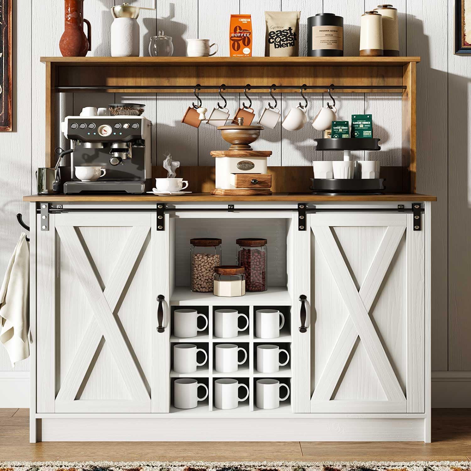 4ever2buy Farmhouse Coffee Bar Cabinet with 6 Hooks, 47'' Kitchen Coffee Bar with Hutch and 9 Wine Racks, White Sideboard Buffet with Sliding Barn Door for Dining Living Room