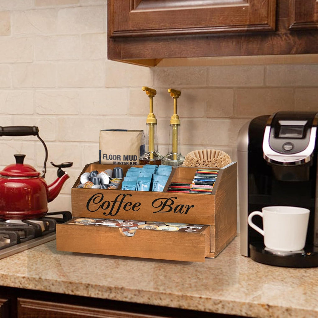 Coffee Bar Organizer Countertop, Wooden Bar Accessories With Drawer, Coffee Station Organizer Pods Holder Storage Basket, Farmhouse Tea Condiment Station