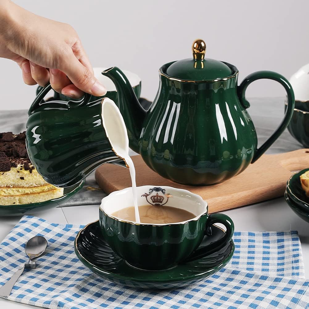 Porcelain Tea Sets British Royal Series, 8 OZ Cups& Saucer Service for 6, with Teapot Sugar Bowl Cream Pitcher Teaspoons and Tea Strainer, Suitable for High Tea, Wedding, Party (Jade)