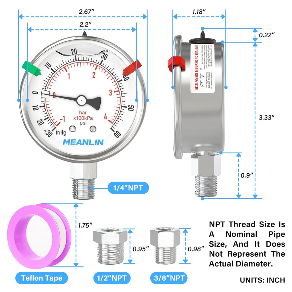 MEANLIN MEASURE -30inHG~60Psi Vacuum Pressure Gauge 316 Stainless Steel Joint 1/4"NPT 2.5"FACE DIAL, Liquid Filled Pressure Gauge WOG Water Oil Air Lower Mount with Stainless Steel Hex Bushing, Snaps