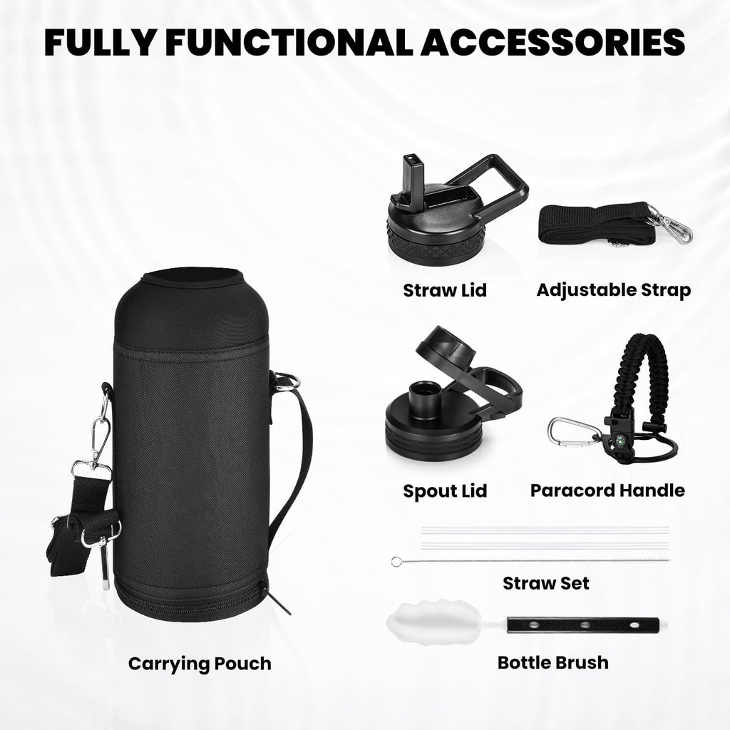Insulated Water Bottle 32 oz, Triple Wall Vacuum Stainless Steel (Cold for 48 Hrs), Leak Proof & Non-BPA, Modern Water Flask Jug with Paracord Handle & Straw Spout Lids, Magic Black