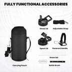 Insulated Water Bottle 32 oz, Triple Wall Vacuum Stainless Steel (Cold for 48 Hrs), Leak Proof & Non-BPA, Modern Water Flask Jug with Paracord Handle & Straw Spout Lids, Magic Black