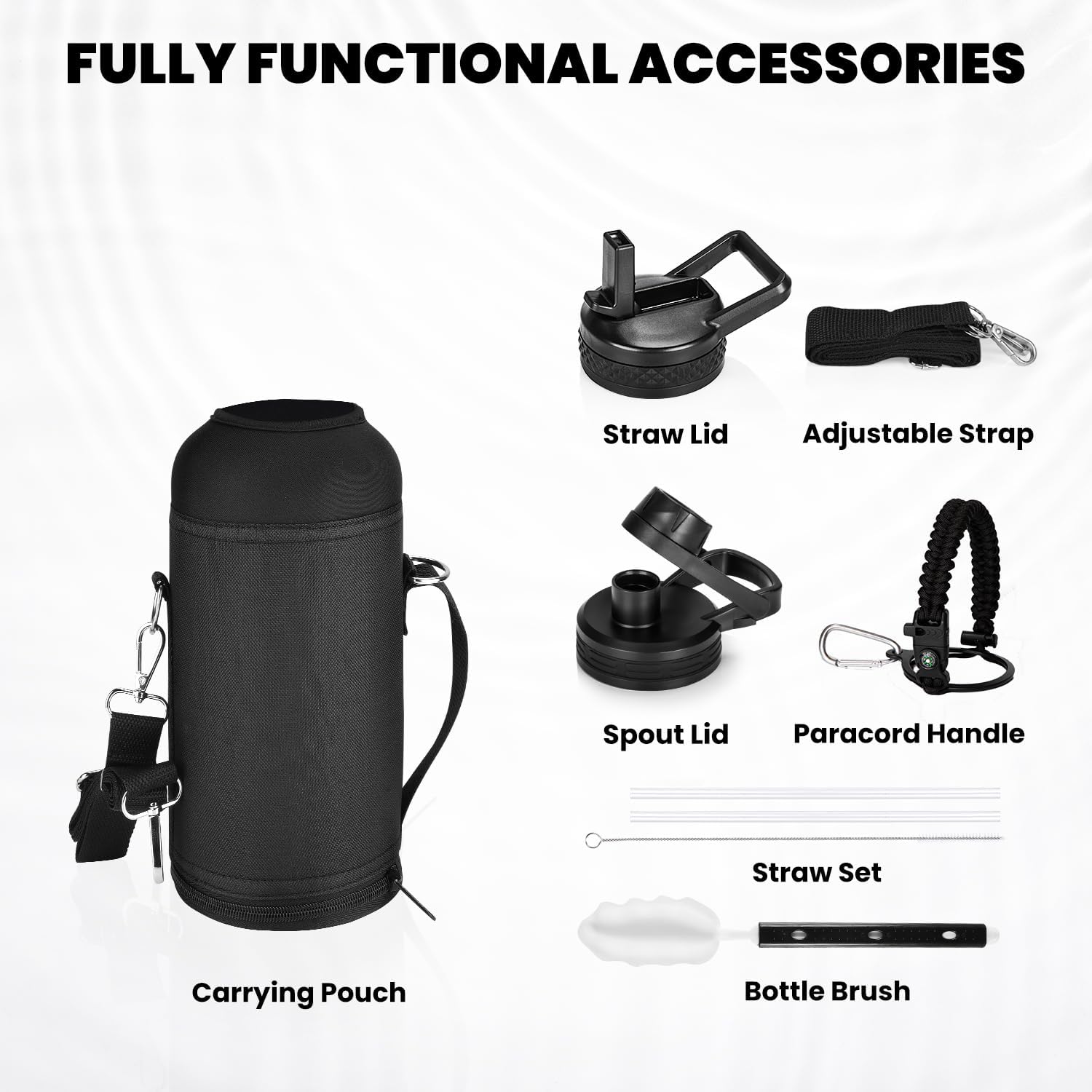 Insulated Water Bottle 32 oz, Triple Wall Vacuum Stainless Steel (Cold for 48 Hrs), Leak Proof & Non-BPA, Modern Water Flask Jug with Paracord Handle & Straw Spout Lids, Magic Black