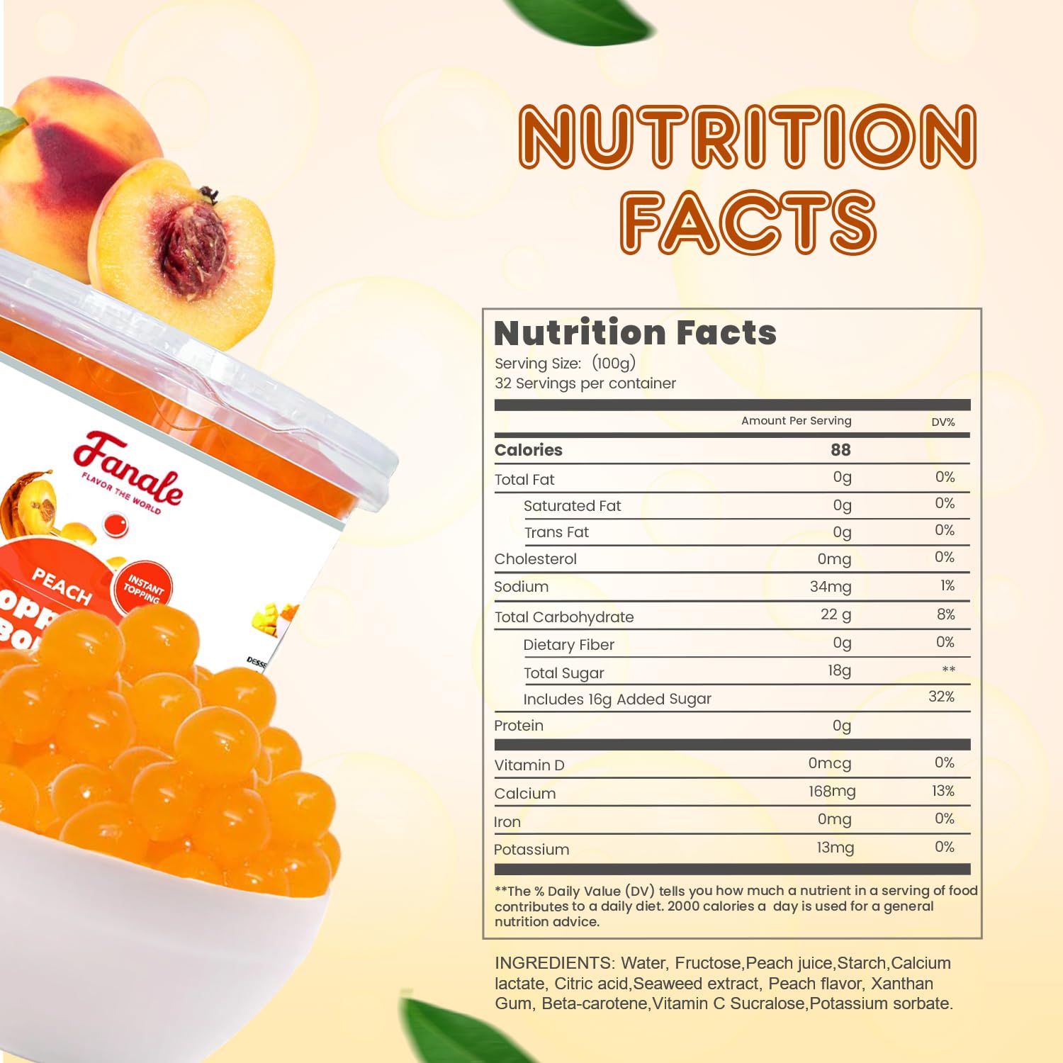 Fanale Peach Popping Boba Pearls, Vegan, Non GMO, Gluten Free, Fat Free, Perfect for Bubble Tea, Smoothies, Ice Cream, Desserts, and Beverages.