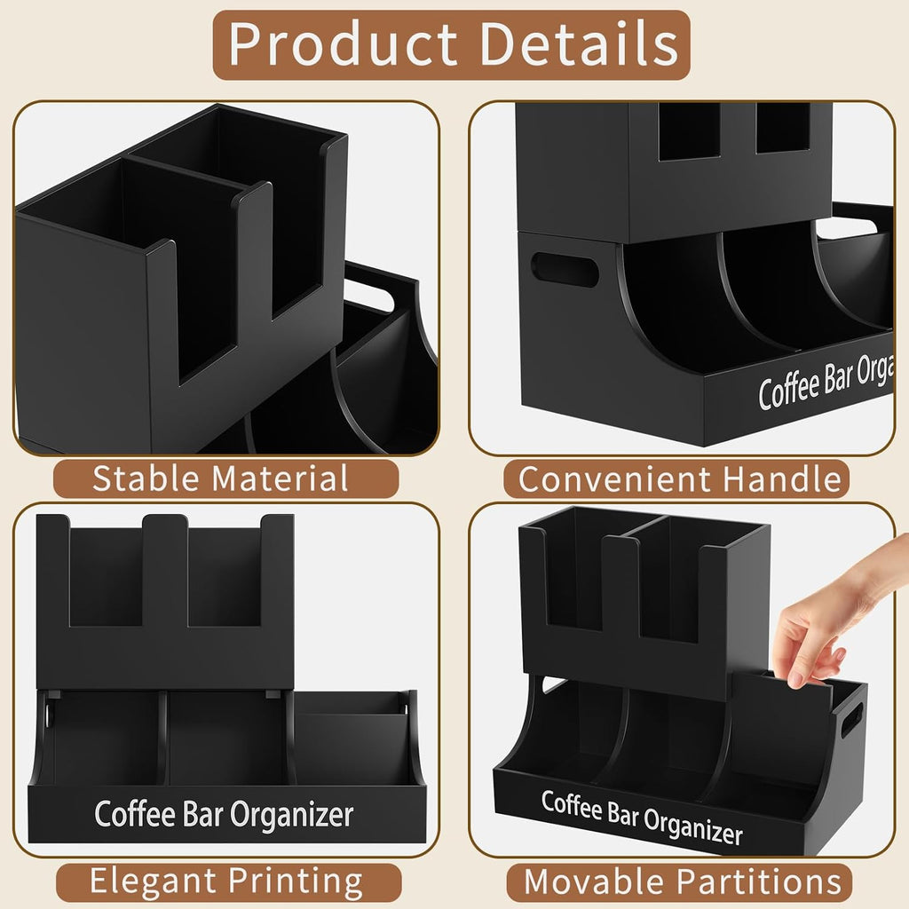 Coffee Station Organizer, Wooden Coffee Bar Organizer for Countertop, Condiment and Cup Storage Organizer, Bar Accessories for Kitchen, Office, Home, Small Black