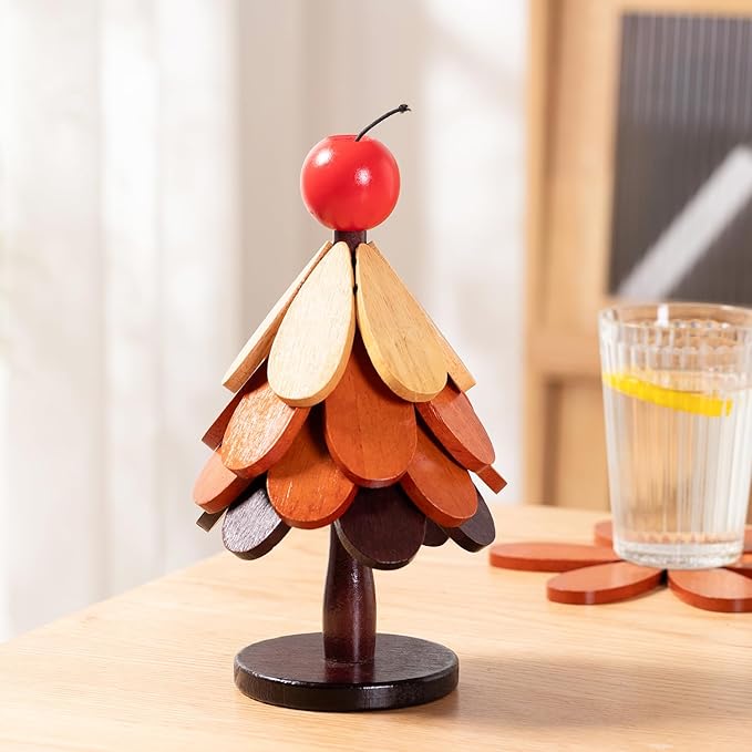 Wooden Apple top 4-Piece Christmas Tree Coaster Set, Suitable for hot Dishes, Coffee, hot Water Cups, Home Restaurant Coasters, Heat-Resistant and Heat-Resistant mats, Holiday Table Decorations