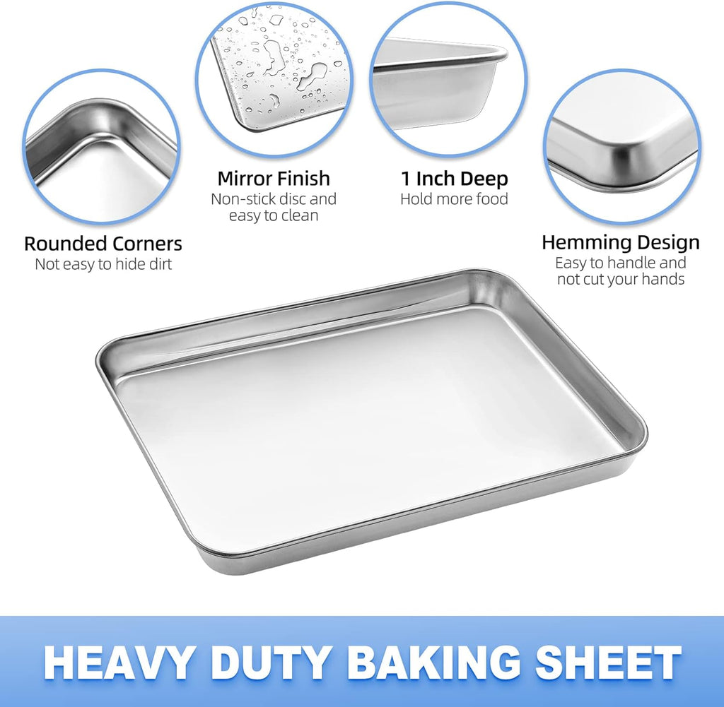 Baking Sheet with Cooling Rack (1 Cookie Sheet + 1 Baking Rack), Stainless Steel Small Baking Sheet Pan with Wire Rack, Toaster Oven Pans Size 10.4 x 8 x 1 Inch, Non-toxic & Heavy Duty & Non-stick