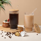Glass Cups with Bamboo Lids and Straws - 16 oz Iced Coffee Cups, Vintage Ribbed Drinking Glasses, Tumbler for Juice, Beer, Coffee, Milk, Cocktail, Water (2 Pack)