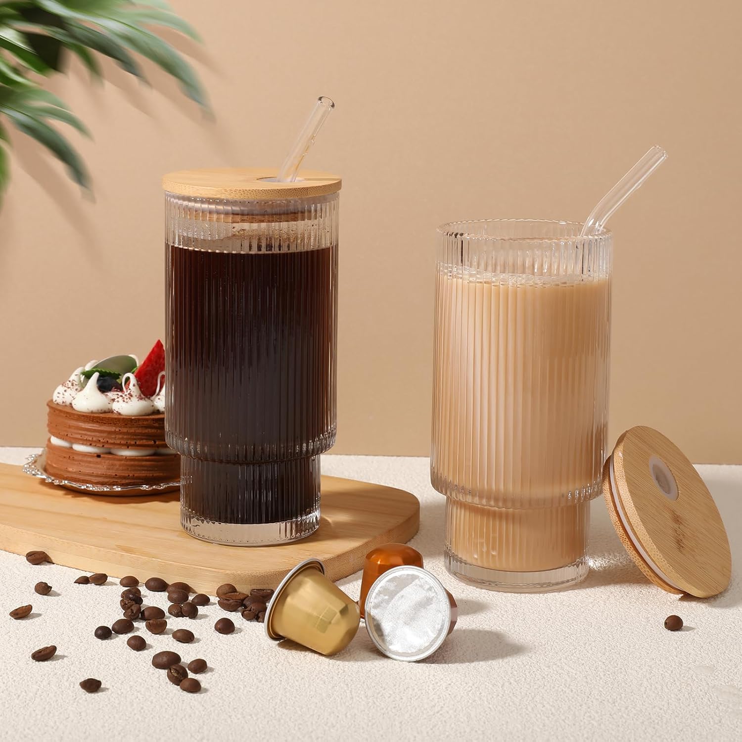 Glass Cups with Bamboo Lids and Straws - 16 oz Iced Coffee Cups, Vintage Ribbed Drinking Glasses, Tumbler for Juice, Beer, Coffee, Milk, Cocktail, Water (2 Pack)