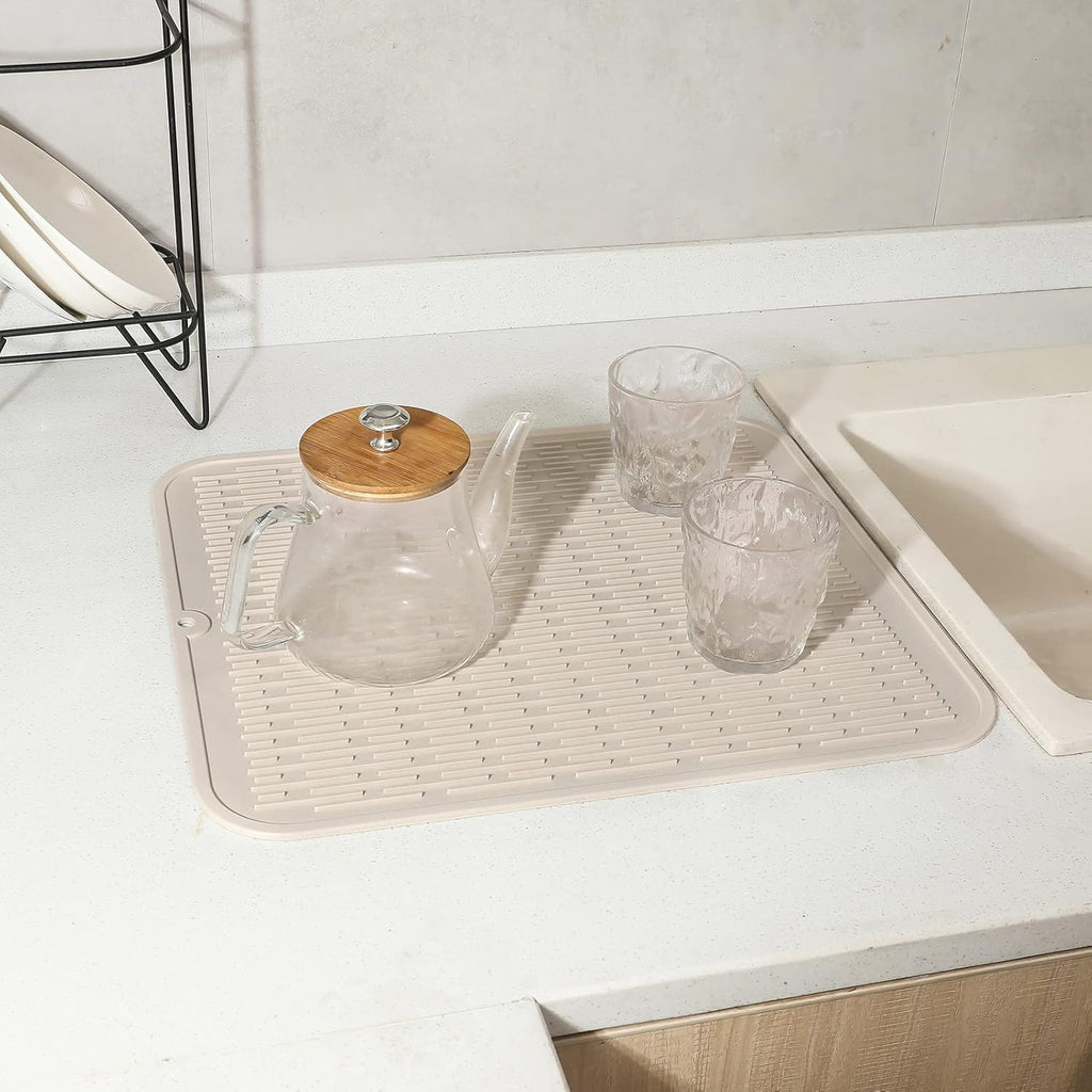 Silicone Dish Drying Mat for Multiple Usage,Easy clean,Eco-friendly,Heat-resistant Silicone Mat for Kitchen Counter or Sink,Refrigerator or Drawer Liner Tapioca XL 18 inches x 16 inches