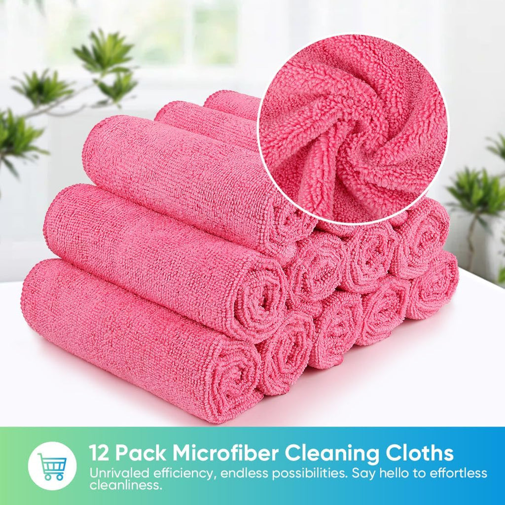HOMEXCEL Pink Microfiber Cleaning Cloth, 12 Pack Premium Microfiber Towels for Cars, Lint Free, Scratch-Free, Highly Absorbent, Reusable Cleaning Rags for Car, Household, Kitchen, Window, 11.5"X11.5"