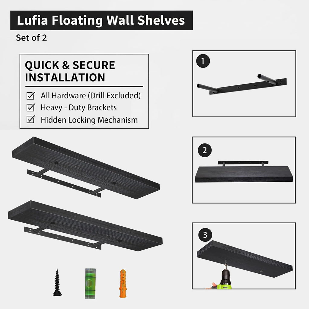 Lufia Floating Wall Shelves, Set of 2, MDF with Invisible Brackets, Modern Storage for Bedroom, Bathroom, Living Room, Kitchen (Black, 32" W x 7" D x 1.5" H)