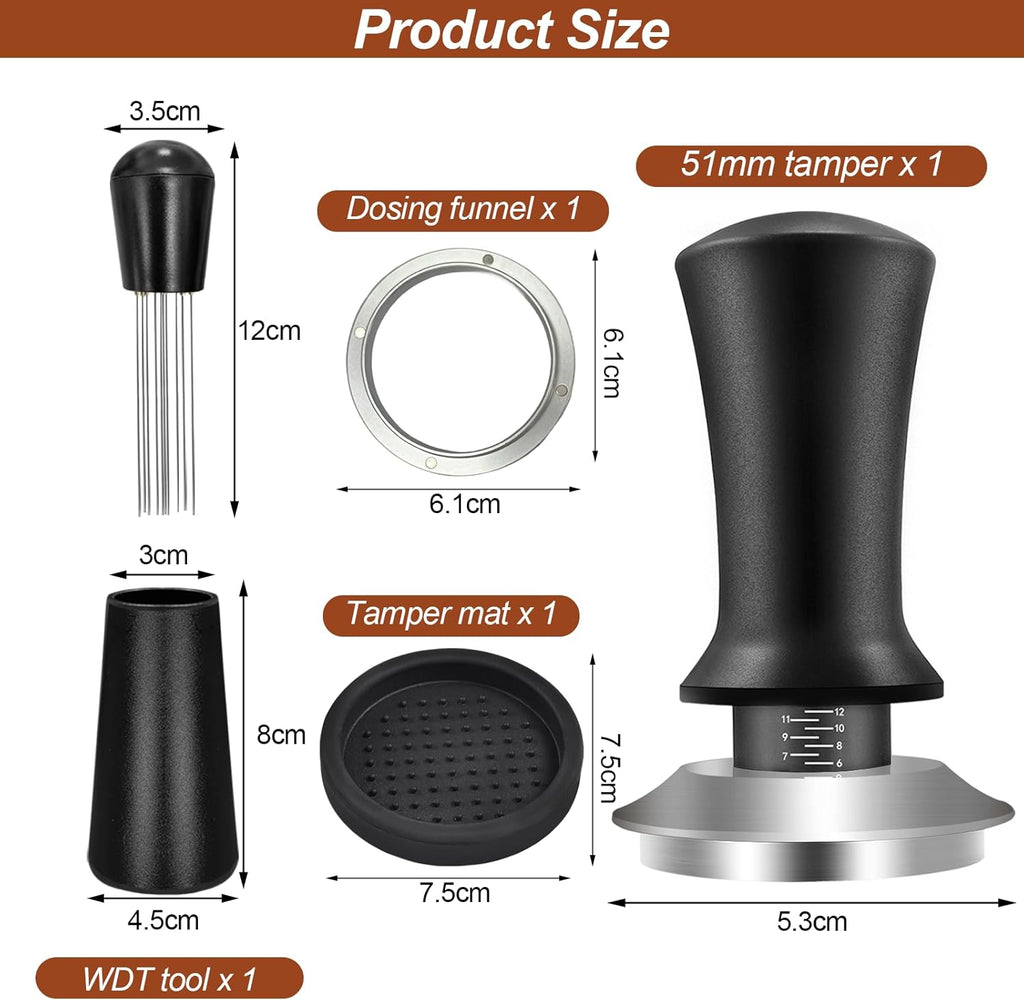 51mm Espresso Accessories Kit, Coffee Espresso Tamper Set, Spring-loaded Tamper, WDT Tool, Dosing Funnel and Silicone Gel Coffee Tamper Mat for Espresso Coffee Machines and 51 mm Portafilters