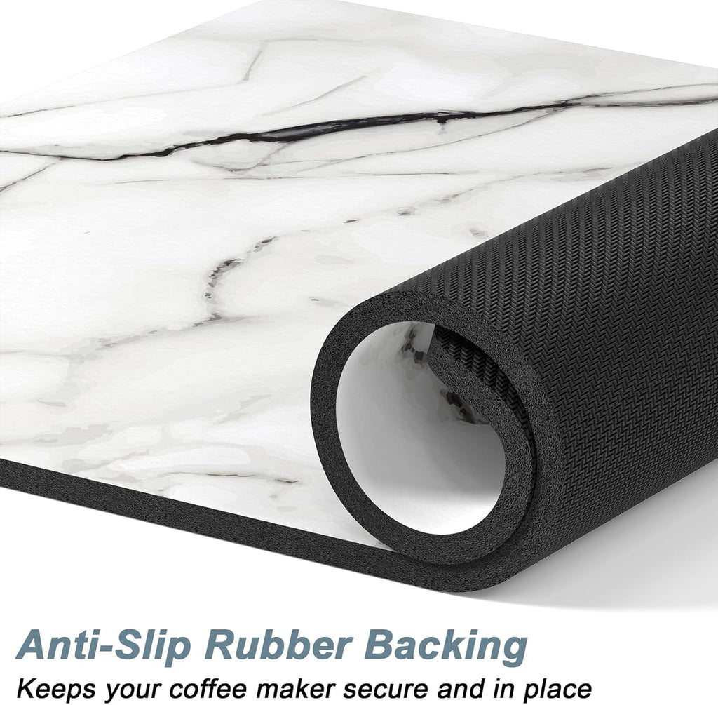 Rnivvi Coffee Mat, 12" x 19" Cute Marble Style Coffee Bar Mats for Espresso Machine Station Accessories and Organizer, Hide Stain Rubber Backed Absorbent Dish Drying Pad for Kitchen Counter, White