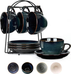 SIDUCAL Espresso Cups Set of 4 [8oz] Porcelain Coffee Cups with Saucers and Holder,Latte Cups- Latte Art Cup - Microwave/Dishwasher Safe,Espresso Demitasse Cups(Blue and Green)