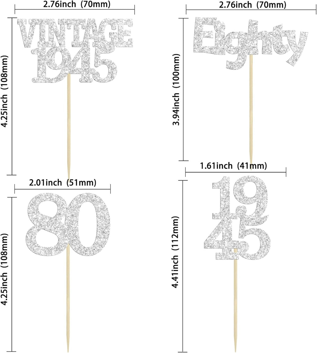 Gyufise 24Pcs 80th Birthday Cupcake Toppers Glitter Cheers to 80 Fabulous Eighty Vintage 1945 Cupcake Picks 80th Birthday Wedding Anniversary Party Cake Decorations Supplies Silver