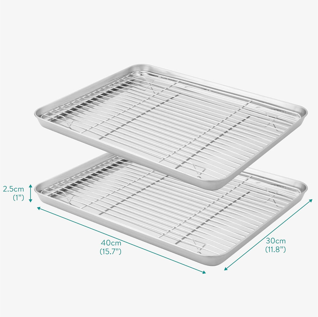 Navaris Half Sheet Baking Pan Breading Trays w Racks - Stainless Steel Baking Sheet with Wire Rack Insert for Oven Cooking - Cookie Bacon Tray - Set of 4 15.7x11.8 (40x30cm)