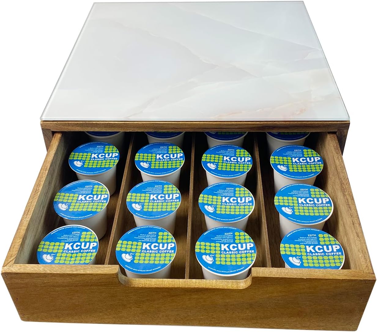 Tempered Glass and Natural Wood Coffee Pod Drawer Organizer - 20 Capsule Multifunctional K Cup Storage | Countertop Coffee Station Organizer for Home/Office (White)