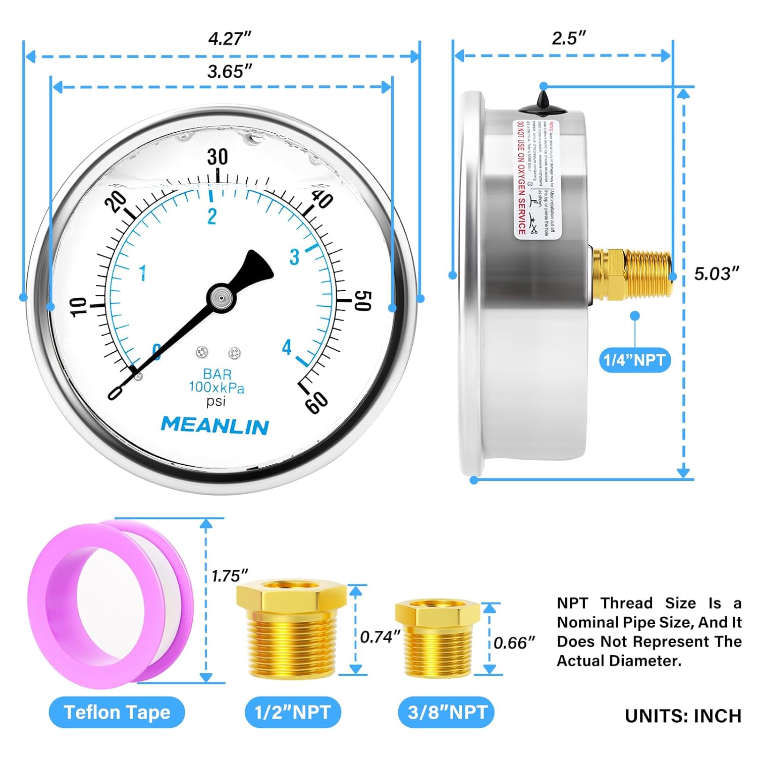 MEANLIN MEASURE 0~60Psi Stainless Steel 1/4" NPT 4" FACE DIAL Liquid Filled Pressure Gauge, Pool Sand Filter Water Pump Pressure Test Back Mount, with 1/4" x 1/2" NPT and 1/4" x 3/8" NPT Hex Bushing