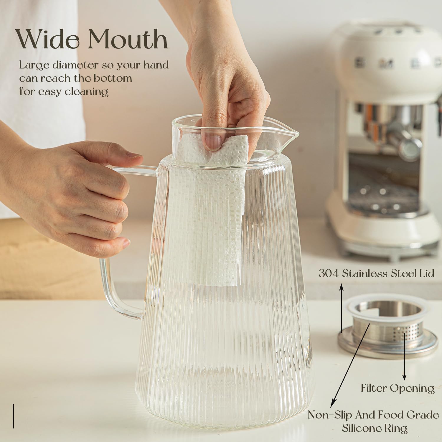 [2 Pack] Ribbed Glass Pitcher Set – 71oz Heat-Resistant Beverage Jugs with Lid for Water, Iced Tea, Juice, Coffee – Large Borosilicate Carafes for Hot & Cold Drinks, Elegant Serving Pitchers