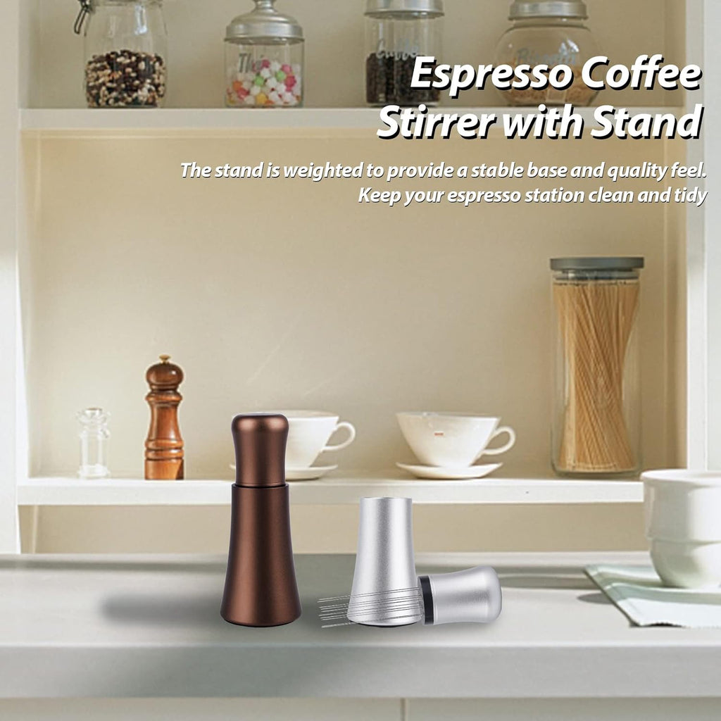 WDT tool, Espresso Distribution tools, 10 x 0.35mm 304 Stainless Steel Needles Installed with 10 Extra needles for Espresso Stirrer Replacement, Aluminum Alloy Handle with Stand (Matte Brown)