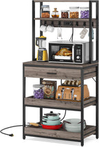 LITTLE TREE Kitchen Baker’s Rack with Power Outlets, Freestanding 5-Tier Microwave Stand with Drawers & Sliding Shelves, Coffee Bar with 6 Hooks for Dining Room Living Room, Grey & Black