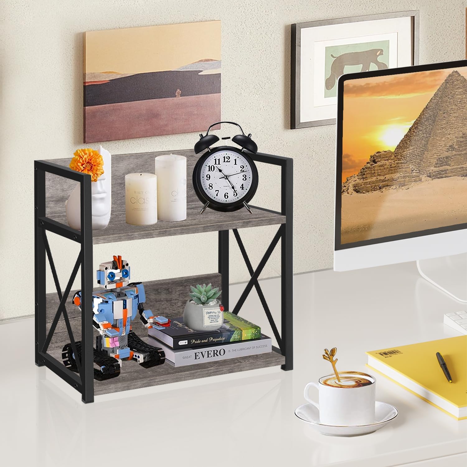 YINMIT Countertop Shelf Organizer,Coffee Bar Accessories,Spice Rack,Coffee Counter Shelf,2 Tier Coffee Organizer Station for Mugs,Cups,Cream,Syrup(Rustic Grey, Medium)