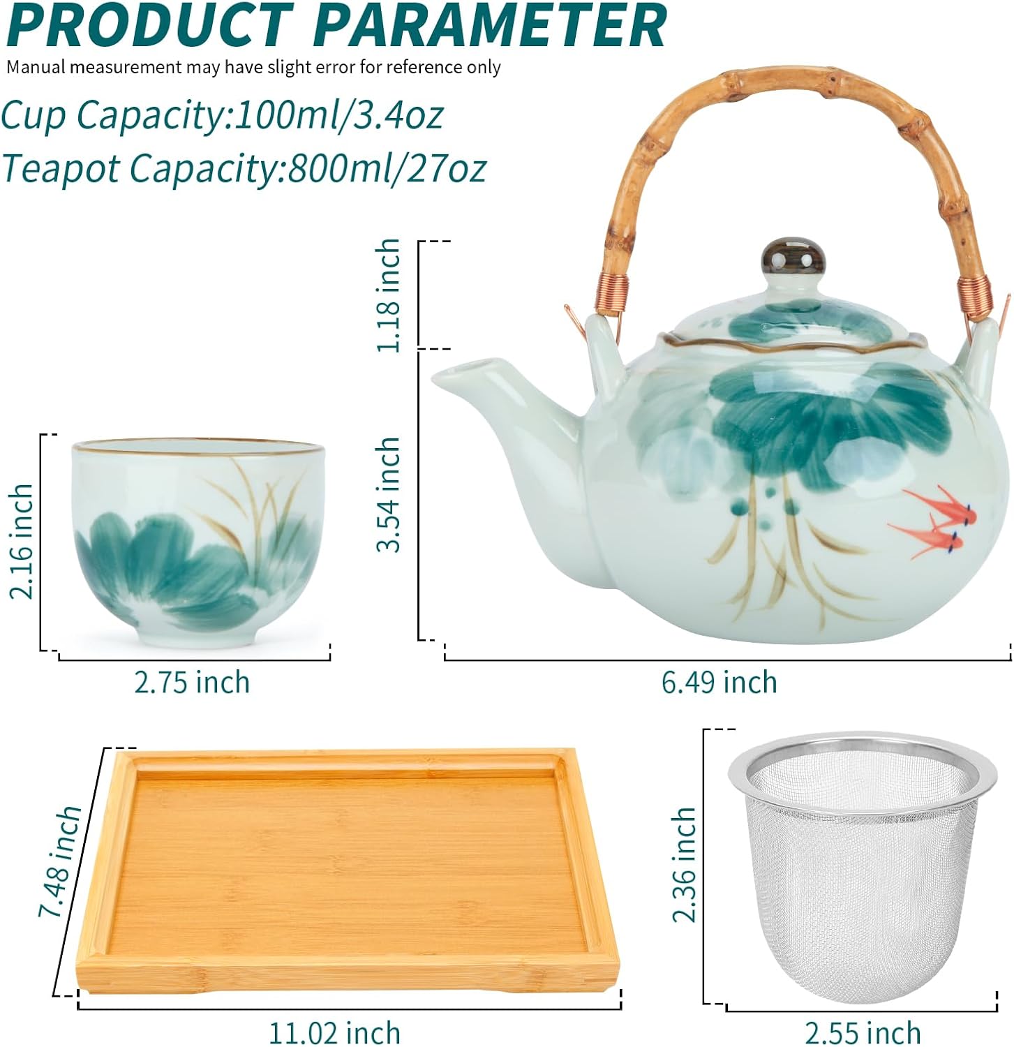 Japanese Tea Set Porcelain Tea Set with Teapot and Tea Cup Set for 4, Green and White Tea Sets for Adults with Stainless Infuser and Bamboo Tray, Asian Tea Set for Tea Lovers/Women/Men (Lotus)