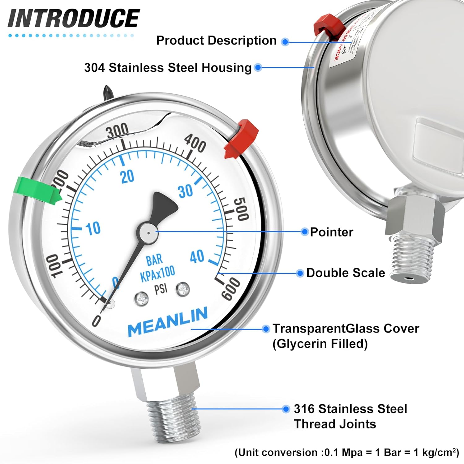 MEANLIN MEASURE 0~600Psi Stainless Steel Liquid Filled Pressure Gauge 2.5" FACE DIAL 1/4" NPT for WOG Water Oil Air Lower Mount with Stainless Steel Hex Bushing and Snaps
