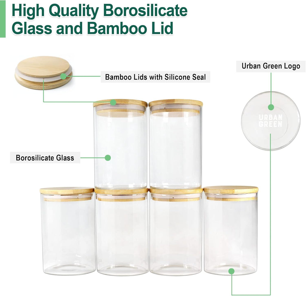 Urban Green Glass Jars with Airtight Lids, Airtight Glass Canisters with Locking Lids, (Bamboo-6P-26oz)