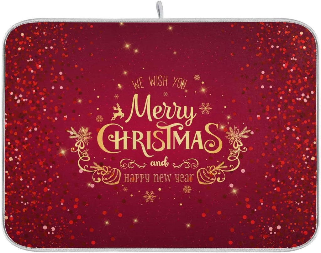 Merry Christmas Drying Mat for Kitchen Counter 16x18 Inch Christmas Dish Mat with Absorbent Reversible Microfiber Christmas Dish Drying Mat Dish Drainer Rack Pad Drainer Mat for Coffee Bar