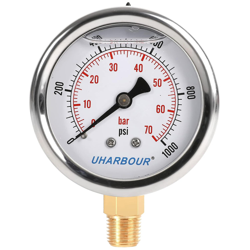 Glycerin Filled Pressure Gauge 1000psi/70bar, Stainless Steel case, Brass Inside Construction, 2-1/2" dial, 1/4" NPT Rear Connection.