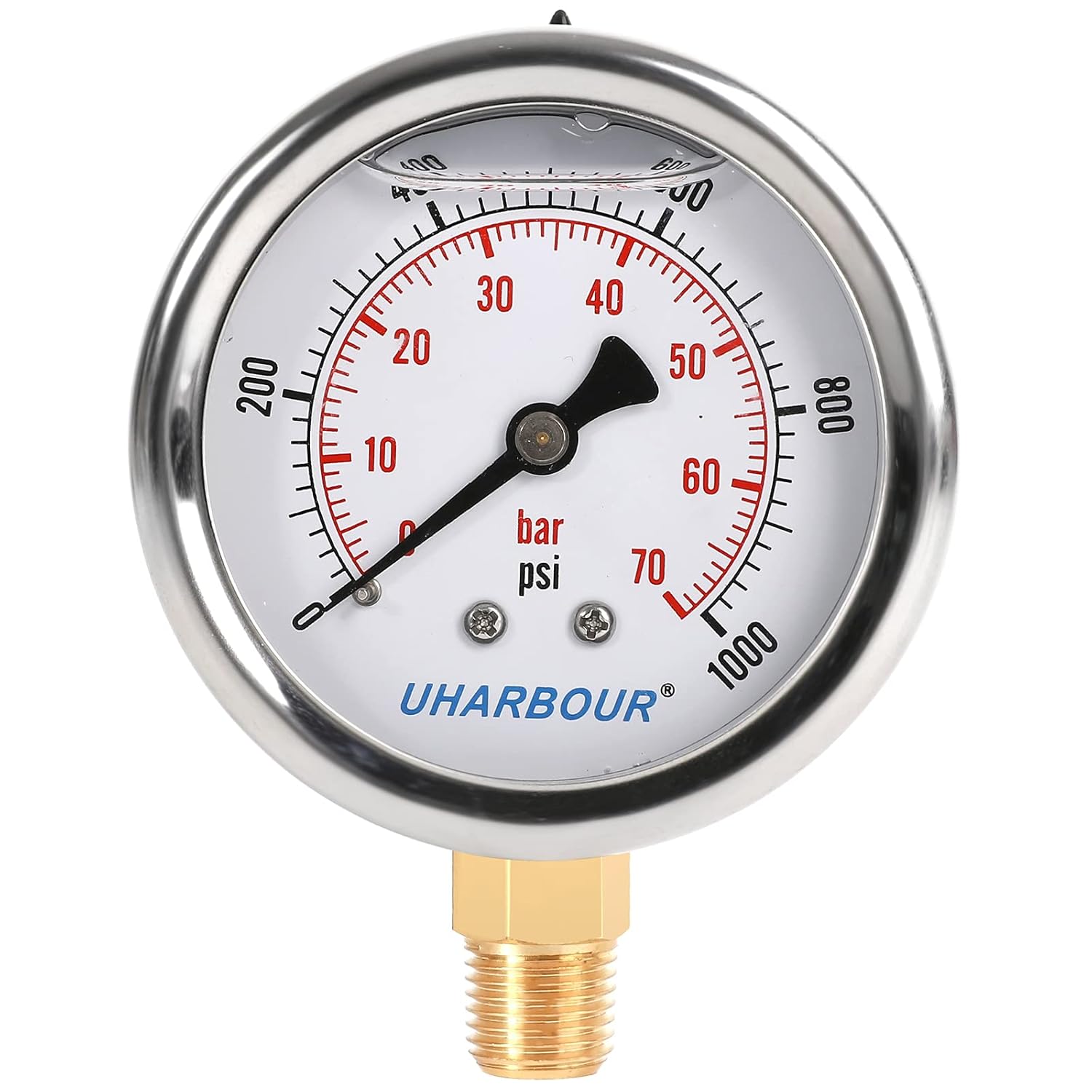 Glycerin Filled Pressure Gauge 1000psi/70bar, Stainless Steel case, Brass Inside Construction, 2-1/2" dial, 1/4" NPT Rear Connection.
