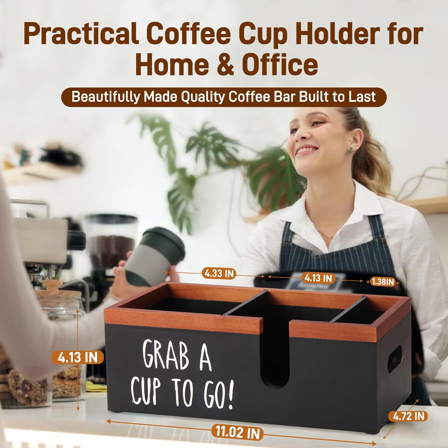 100% Wooden Coffee Cups Holder with U-Shape Cutout Design for Countertop-Coffee Bar Organizer for Cups, Lids, Pods, Stirrers, and Accessories, Great Gift for Home or Office