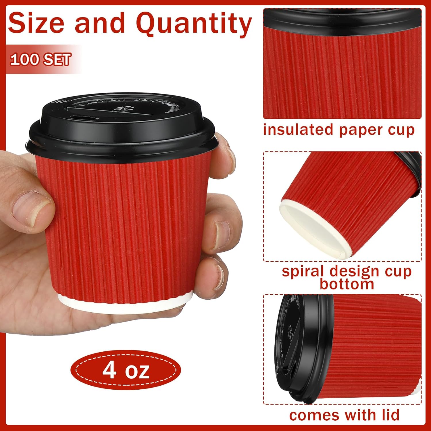 Uiifan 100 Set 4oz Disposable Espresso Cups with Lids Ripple Corrugated Paper Disposable Coffee Insulated Hot Ripple Cups for hot Chocolate, Tea, and Cocoa Drinks(Red)