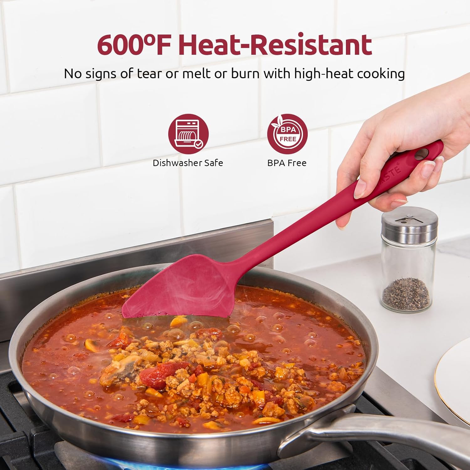 U-Taste Silicone Spatula Set with 600 Degrees Fahrenheit Heat Resistant (Red)