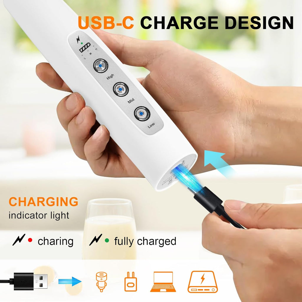 YUSWKO White Handheld Milk Frother Wand for Coffee, Rechargeable Electric Whisk with 3 Heads 3 Speeds Drink Mixer Coffee Frother For Latte, Cappuccino, Hot Chocolate, Egg