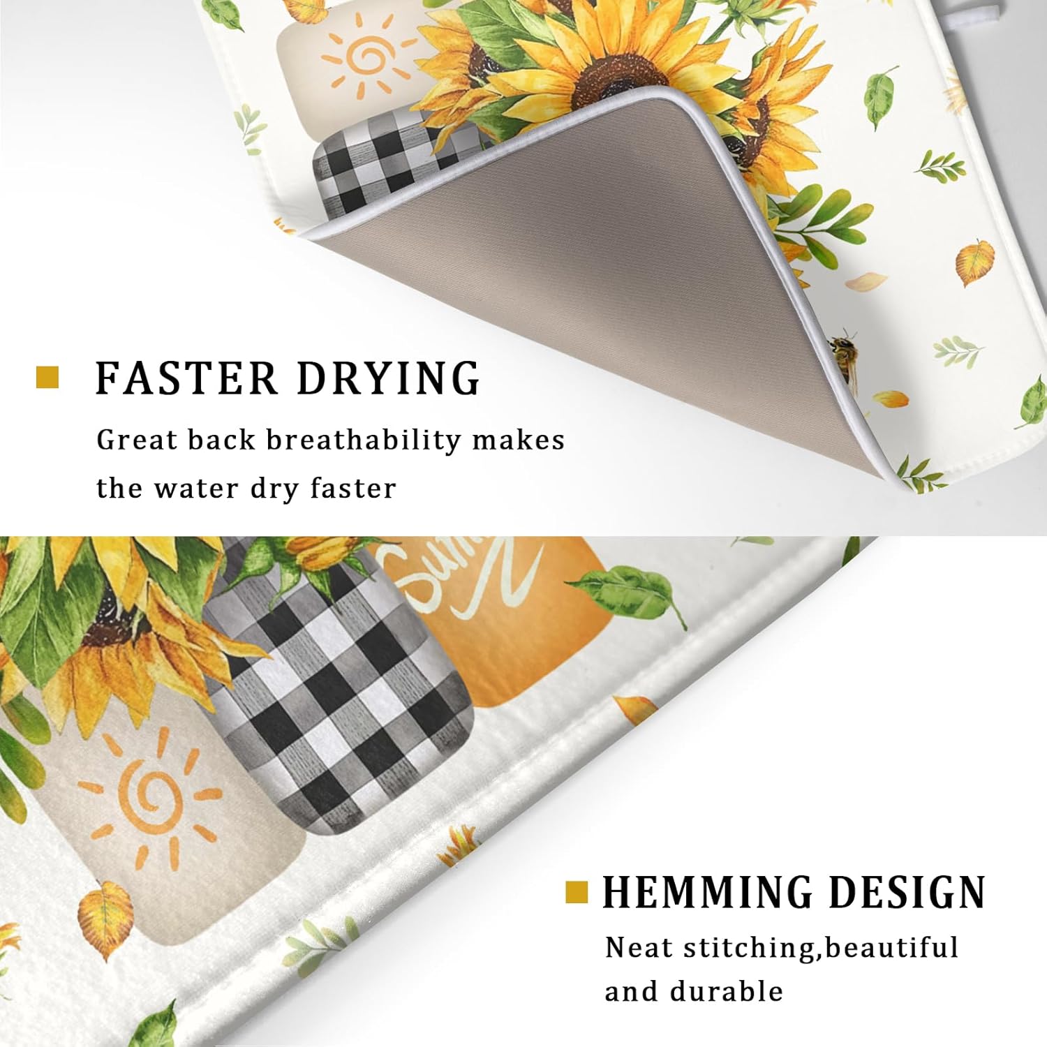 Giwawa Sunflower Vases Dish Drying Mat for Countertop, 18"x24" Summer Bee Floral Mason Jar Dish Drainer Mats, Fast Dry Microfiber Reversible Large Dish Drying Pad Kitchen Decoration