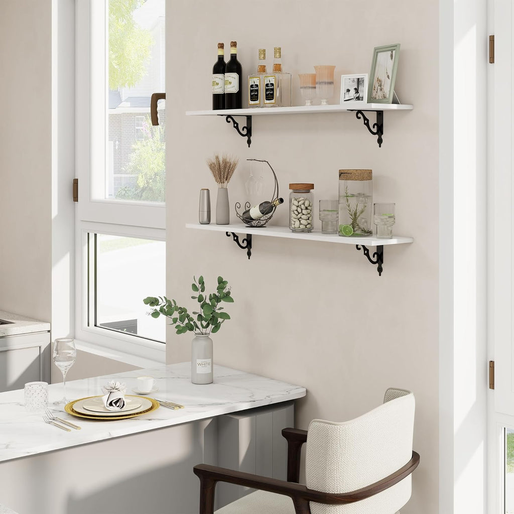 RICHFOCUS Floating Shelves for Wall Decor, 39.4W x 8D Wall Shelves Set of 2, 8 Inch Deep Rustic Wood Shelves Wall Mounted with Brackets, Long Floating Shelves for Living Room Bedroom Kitchen, White