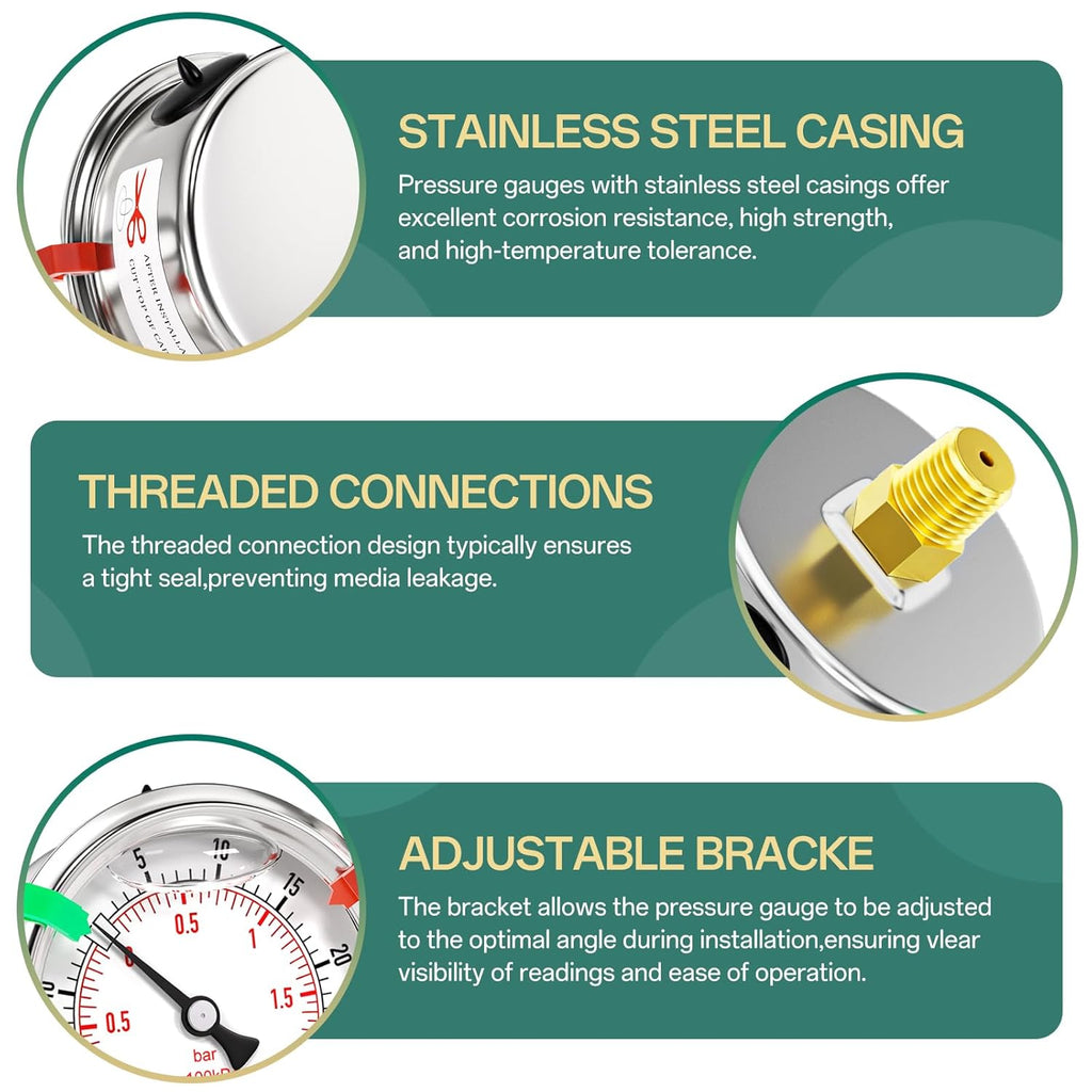 -30inHG-30psi Stainless Steel Glycerin Liquid Filled Vacuum Pressure Gauge 1/4" NPT 2.5" Face Dial Center Back Mount, for Water, Oil and Air Pressure Testing (with Range Mark Pointer)
