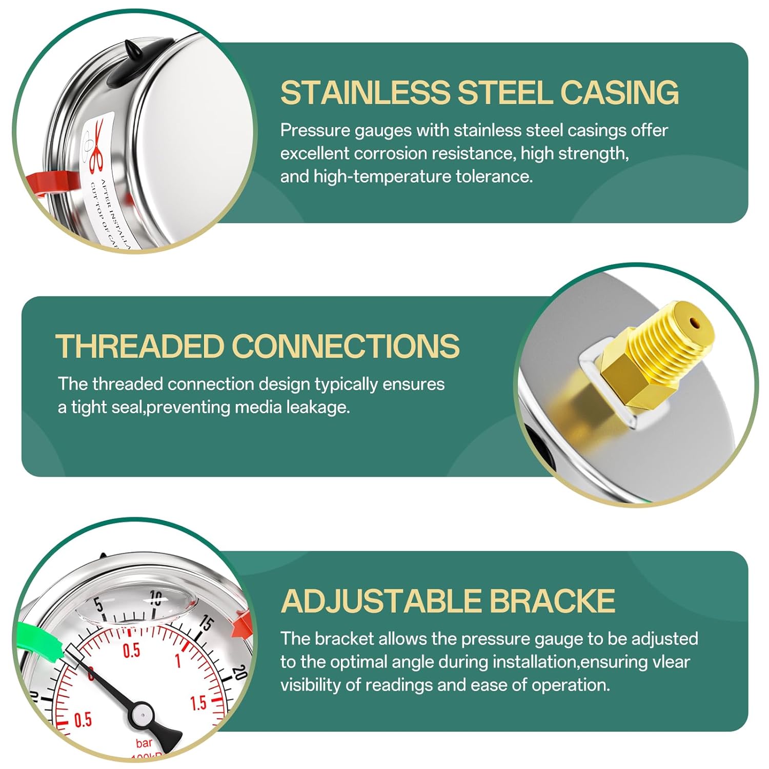 -30inHG-30psi Stainless Steel Glycerin Liquid Filled Vacuum Pressure Gauge 1/4" NPT 2.5" Face Dial Center Back Mount, for Water, Oil and Air Pressure Testing (with Range Mark Pointer)