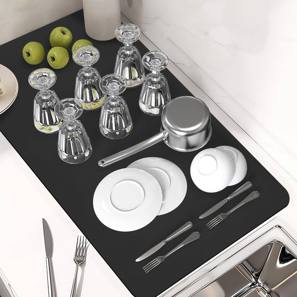 PoYang 31"x17" Coffee Mat X-Large, Coffee Bar Accessories for Countertop, Absorbent Dish Drying Mat, Anti-Slip and Hide Stain Pad for Espresso Machine, Espresso Maker and Kitchen Counter, Black