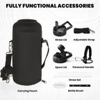 Insulated Water Bottle 87 oz, Triple Wall Vacuum Stainless Steel (Cold for 48 Hrs), Leak Proof & Non-BPA, Modern Water Flask Jug with Paracord Handle & Straw Spout Lids, Magic Black