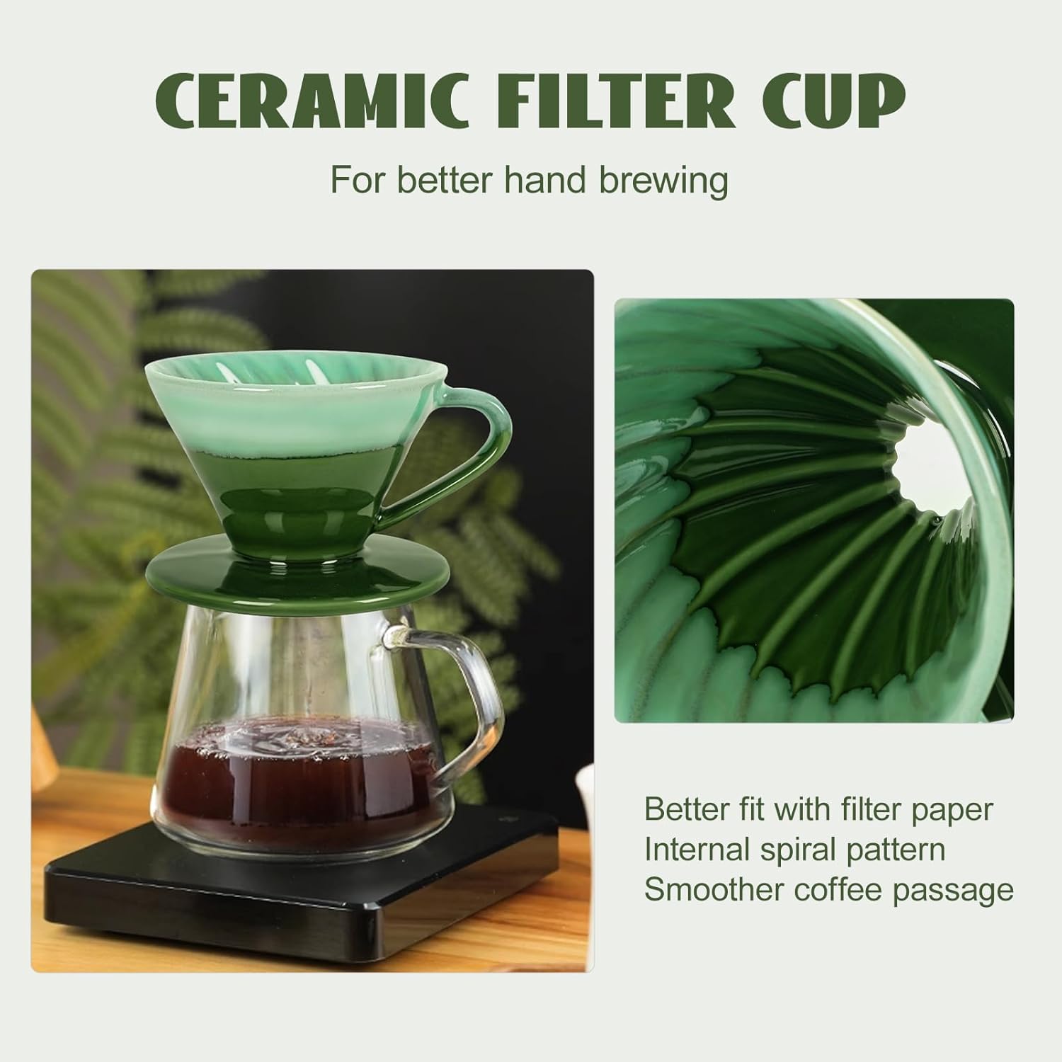 Ceramic Coffee Dripper Filter 02-4Cup Pour Over Coffee Dripper, 60 Angle Cone Ceramic Hand Brew Coffee Cup Retro Filter Set Reusable Portable Coffee Maker (Green)