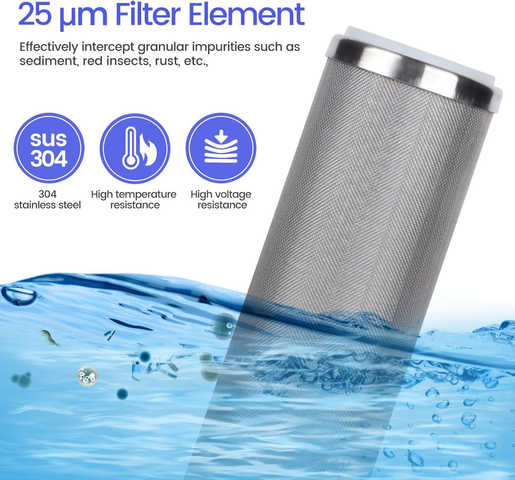 Amwater Stainless Steel Cleanable Wire Mesh Filter Cartridge 10”Length,2.5"OD(25 Micron)