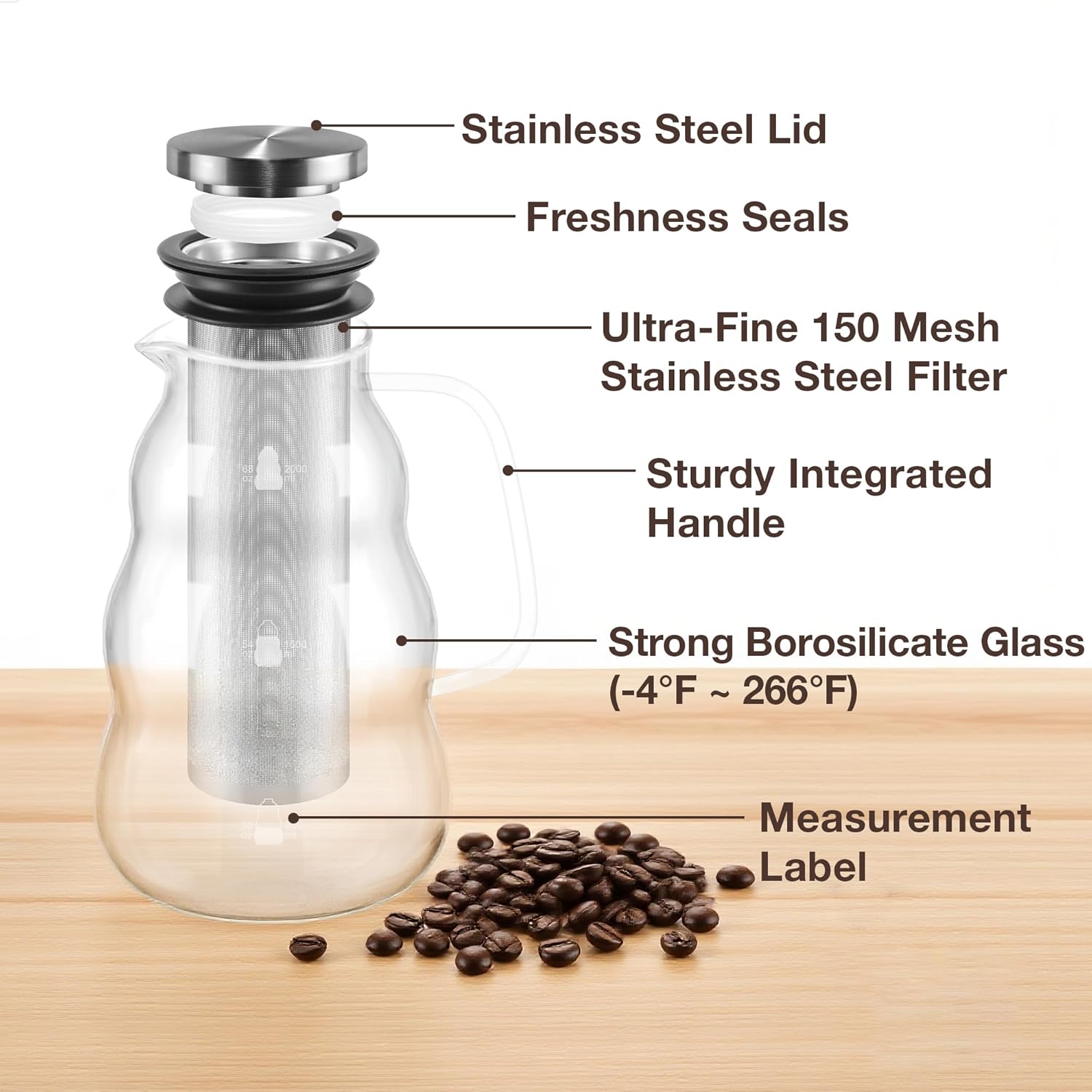 TRINIDa Cold Brew Pitcher, 2000ml/67oz High Borosilicate Glass, -4°F to 266°F, Stainless Steel 150 Mesh, Easy Clean, Family Size, Glass Pitcher, Ideal coffee gifts, Cold Brew Coffee Maker